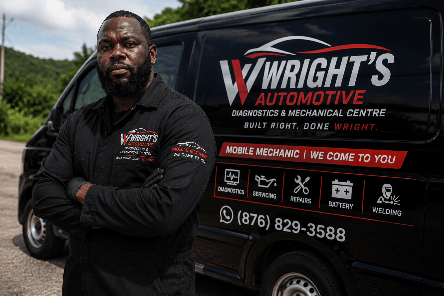 Emmanuel Wright beside Wright’s Automotive mobile service branding